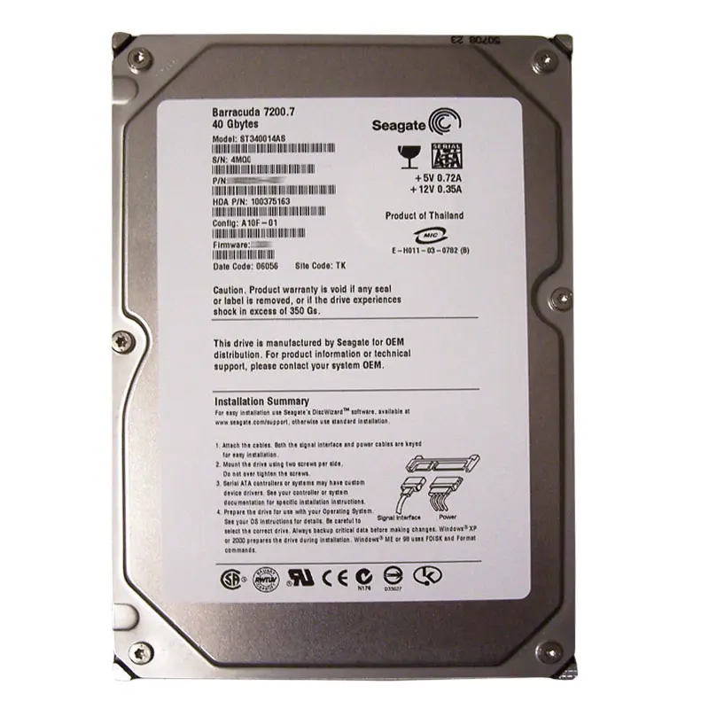 ST340014AS.jpg Seagate - 40GB 7.2K SATA 1.5Gbps 3.5" 2MB Cache Hard Drive - ST340014AS - Image 1