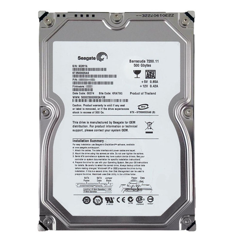 ST3500820AS.jpg Seagate - 500GB 7.2K SATA 3.0Gbps 3.5" 8MB Cache Hard Drive - ST3500820AS - Image 1